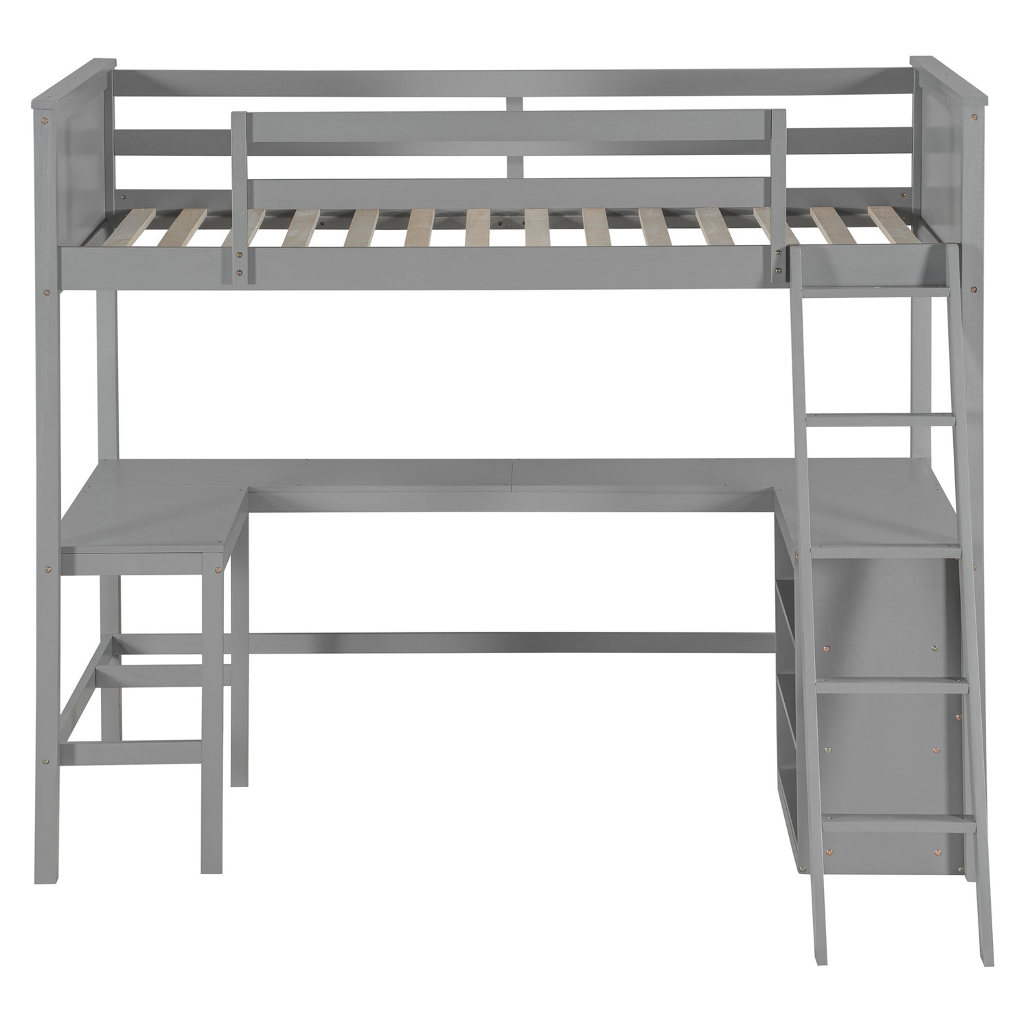 Twin size solid wood loft bed with built-in desk and shelves, ideal for bedroom or study space by Start2Finish