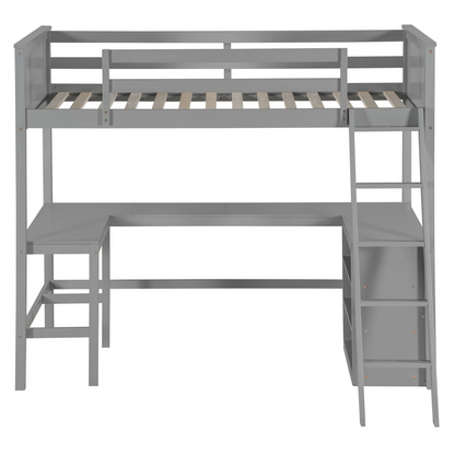 Twin size solid wood loft bed with built-in desk and shelves, ideal for bedroom or study space by Start2Finish