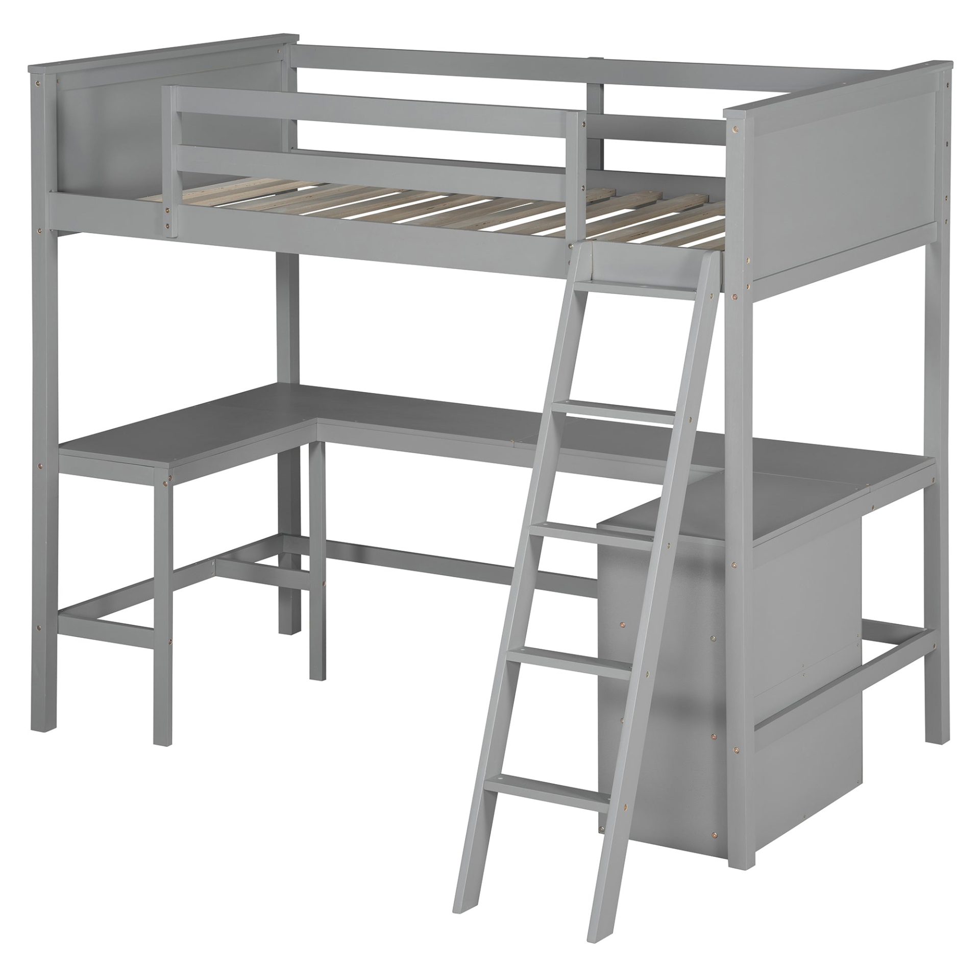 Twin size solid wood loft bed with built-in desk and shelves, ideal for bedroom or study space, by Start2Finish