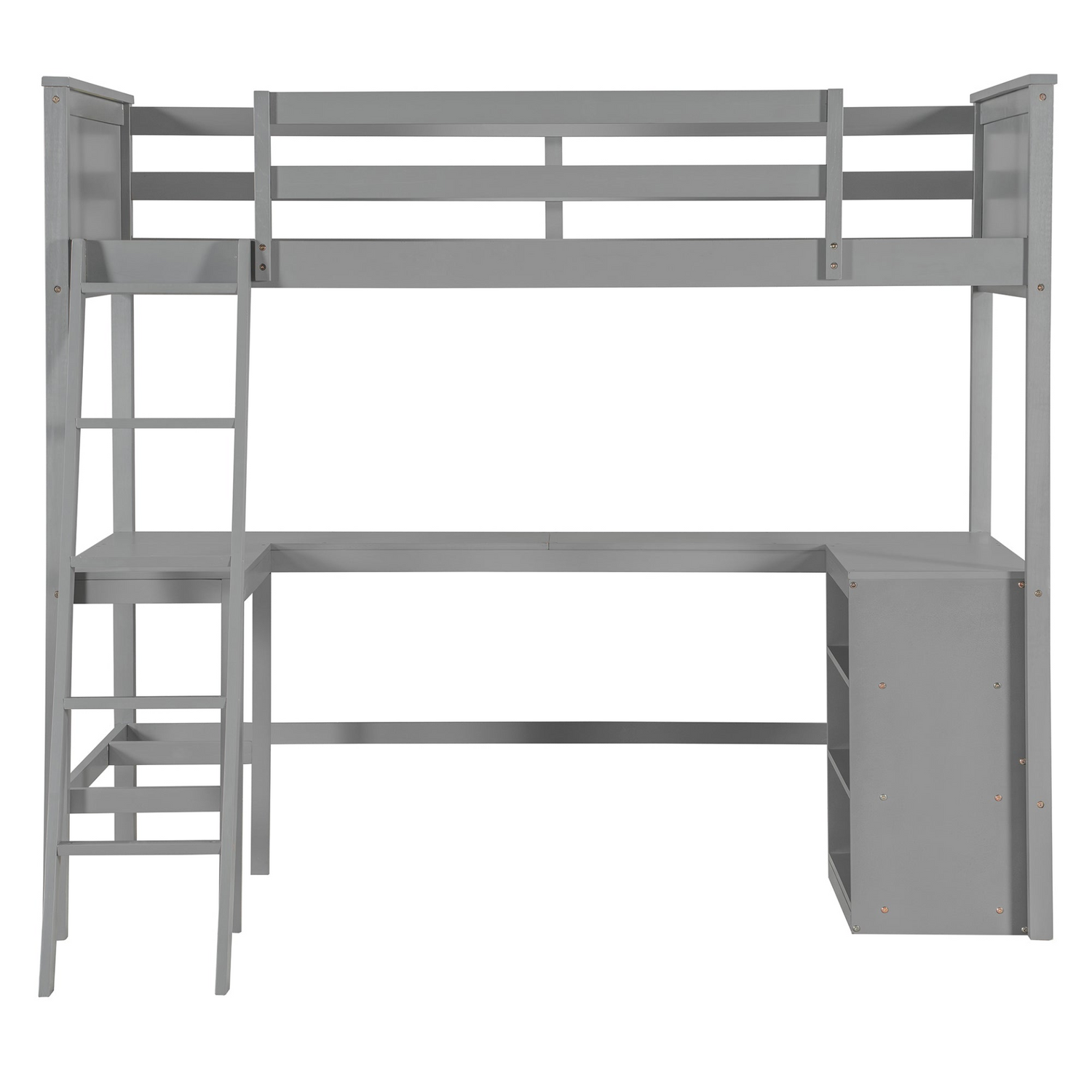 Twin size loft bed by Start2Finish with solid wood frame, integrated shelves, and built-in desk for bedroom or study space.