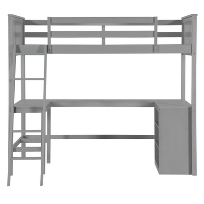 Twin size loft bed by Start2Finish with solid wood frame, integrated shelves, and built-in desk for bedroom or study space.