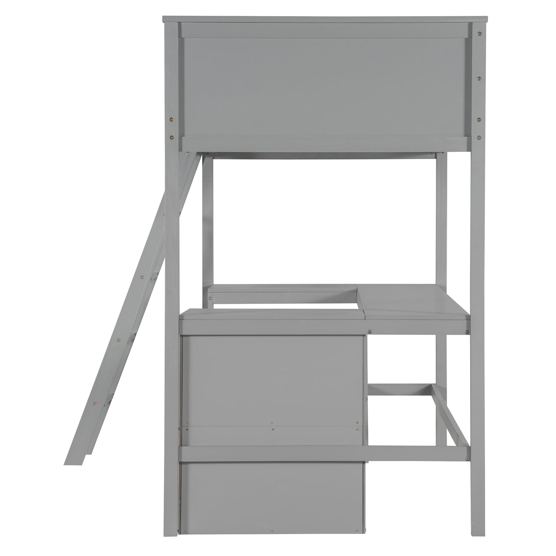 Twin size solid wood loft bed with built-in desk and shelves, ideal for bedroom or study space, by Start2Finish.