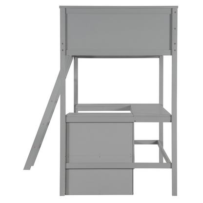 Twin size solid wood loft bed with built-in desk and shelves, ideal for bedroom or study space, by Start2Finish.