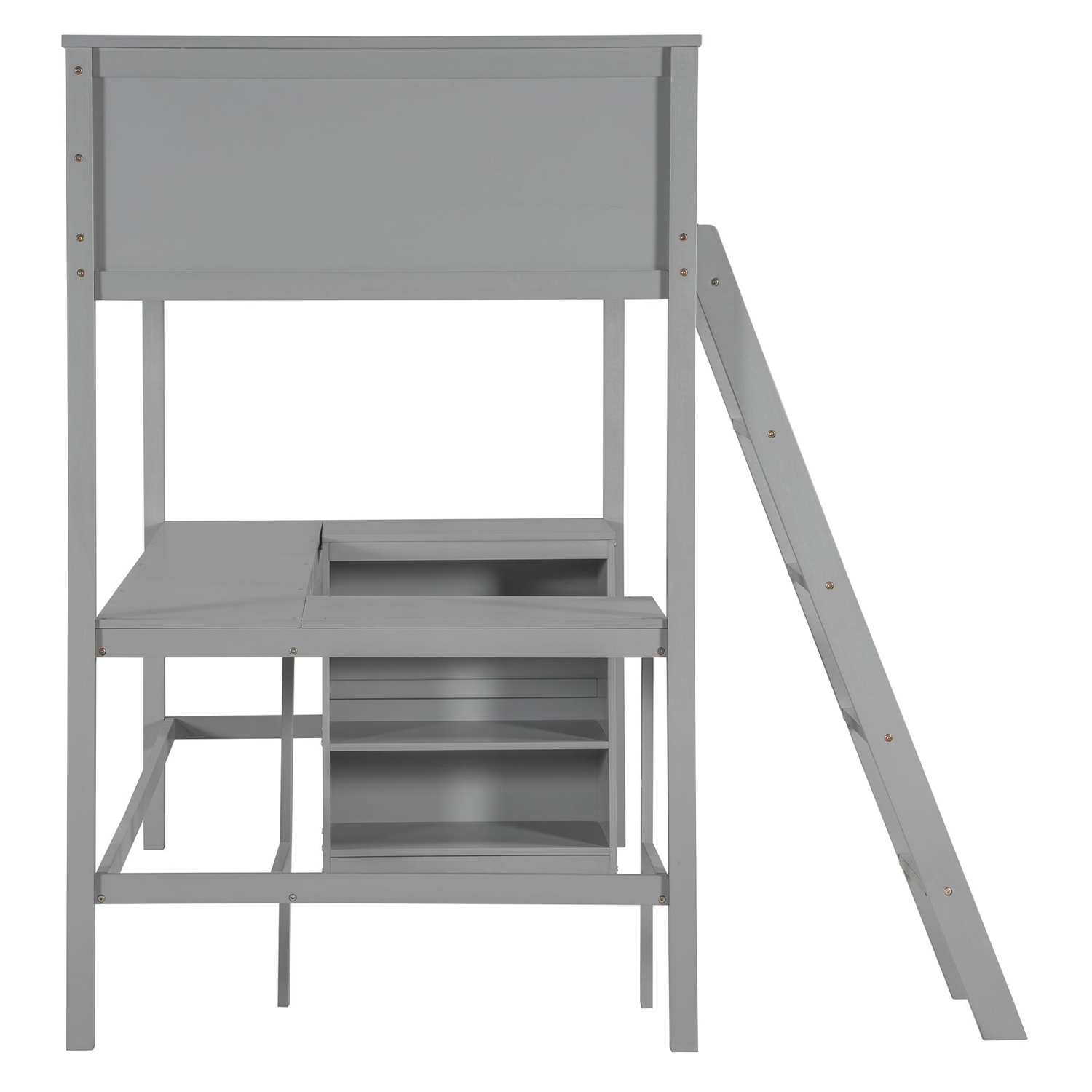 Twin size solid wood loft bed with built-in desk and shelves, ideal for bedroom or study space by Start2Finish