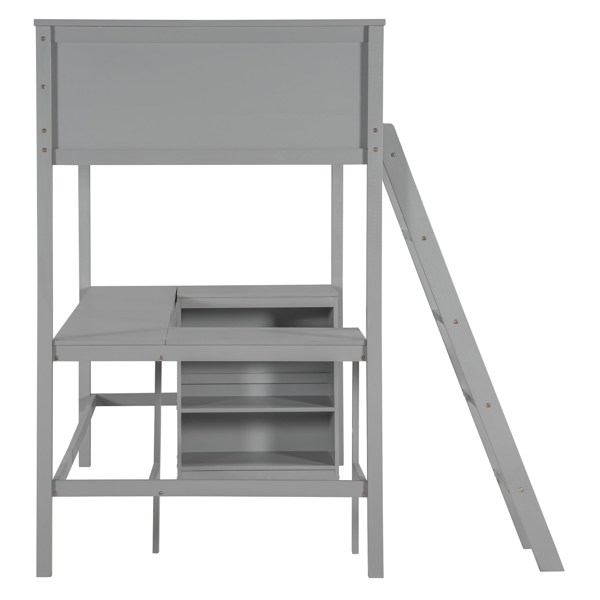 Twin size solid wood loft bed with built-in desk and shelves, ideal for bedroom or study space by Start2Finish