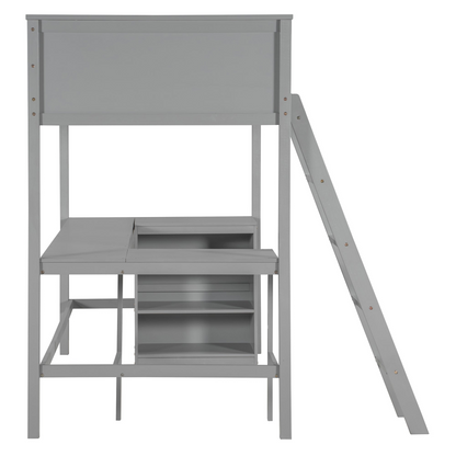 Twin size solid wood loft bed with built-in desk and shelves, ideal for bedroom or study space by Start2Finish