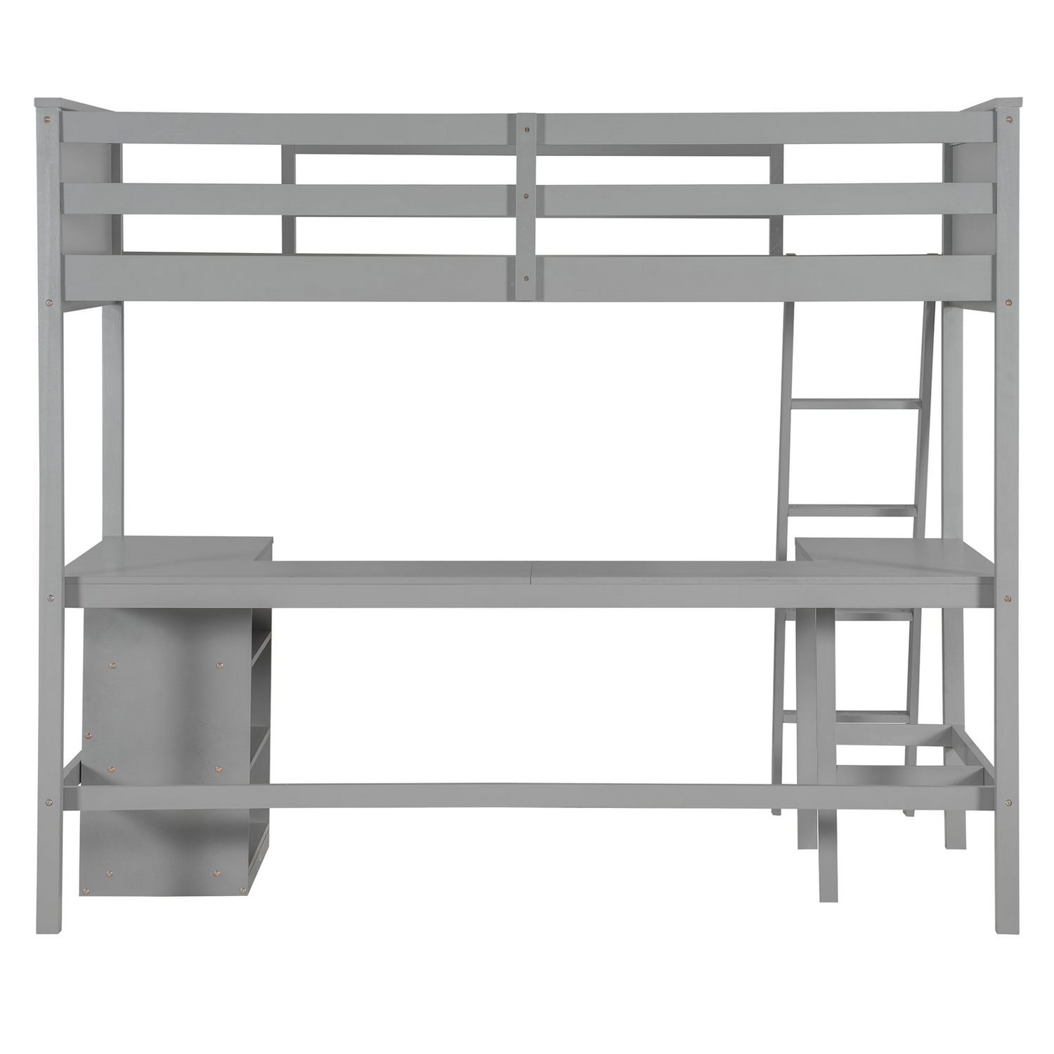 Twin size solid wood loft bed with built-in desk and shelves, ideal for bedroom or study space by Start2Finish