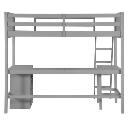 Twin size solid wood loft bed with built-in desk and shelves, ideal for bedroom or study space by Start2Finish