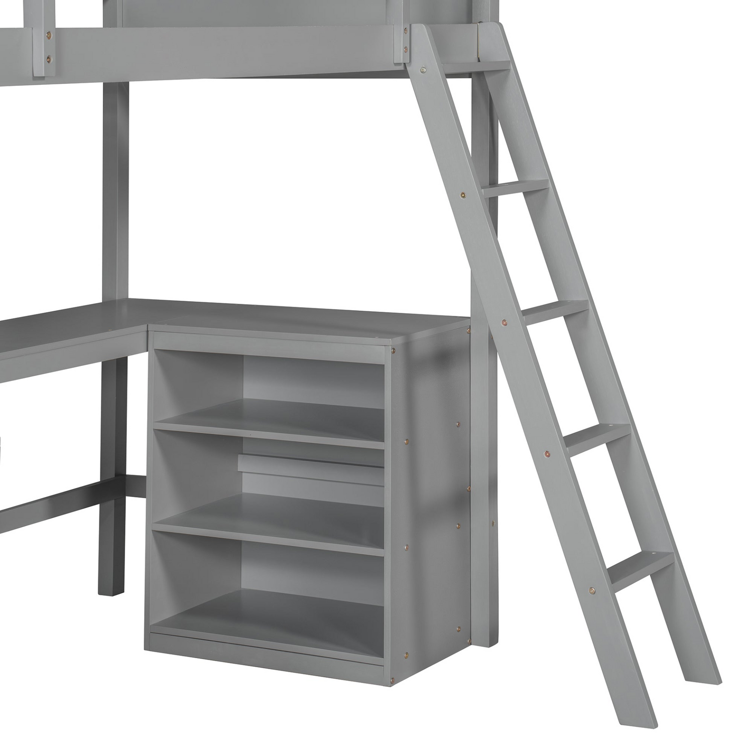 Twin size solid wood loft bed with built-in desk and shelves, ideal for bedroom or study space by Start2Finish.