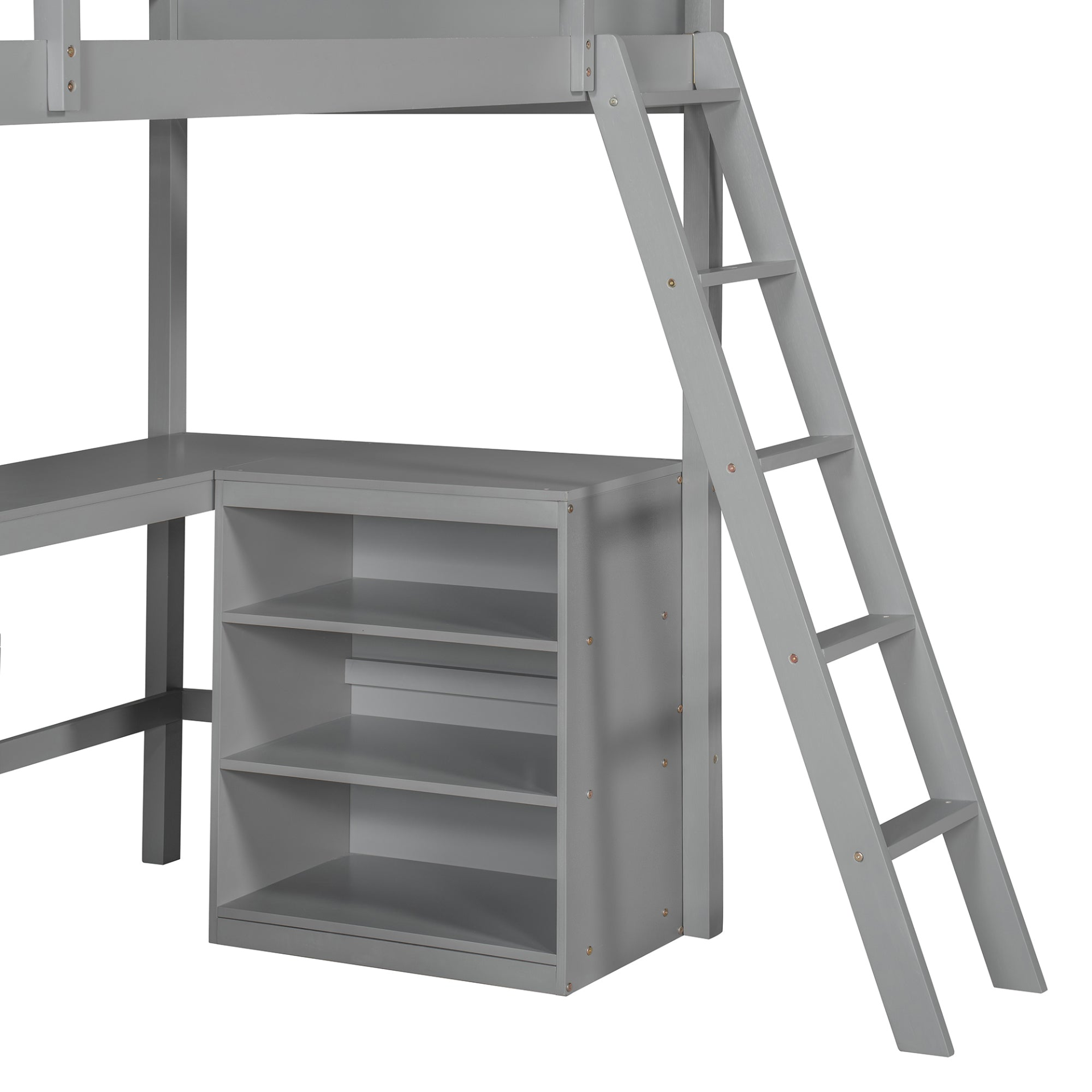 Twin size solid wood loft bed with built-in desk and shelves, ideal for bedroom or study space by Start2Finish.