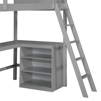 Twin size solid wood loft bed with built-in desk and shelves, ideal for bedroom or study space by Start2Finish.
