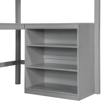 Twin size solid wood loft bed with built-in desk and shelves, ideal for bedroom or study space by Start2Finish
