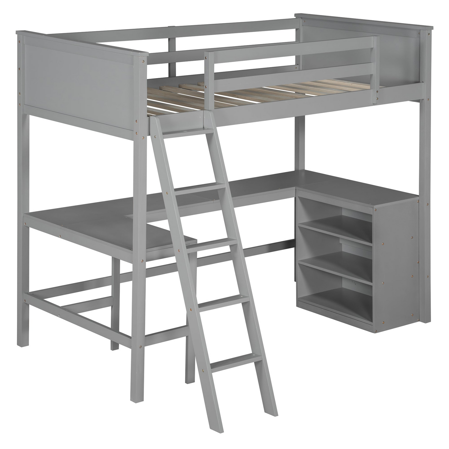 Twin size solid wood loft bed with built-in desk and shelves, ideal for bedroom or study space by Start2Finish
