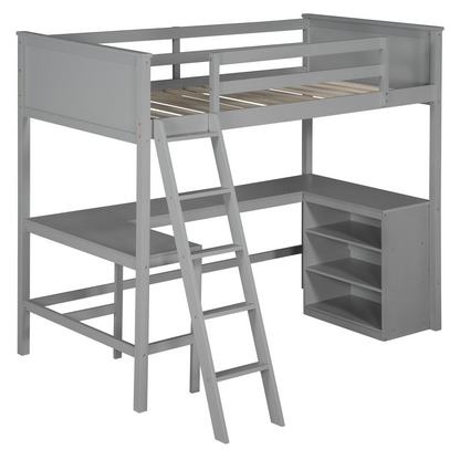 Twin size solid wood loft bed with built-in desk and shelves, ideal for bedroom or study space by Start2Finish