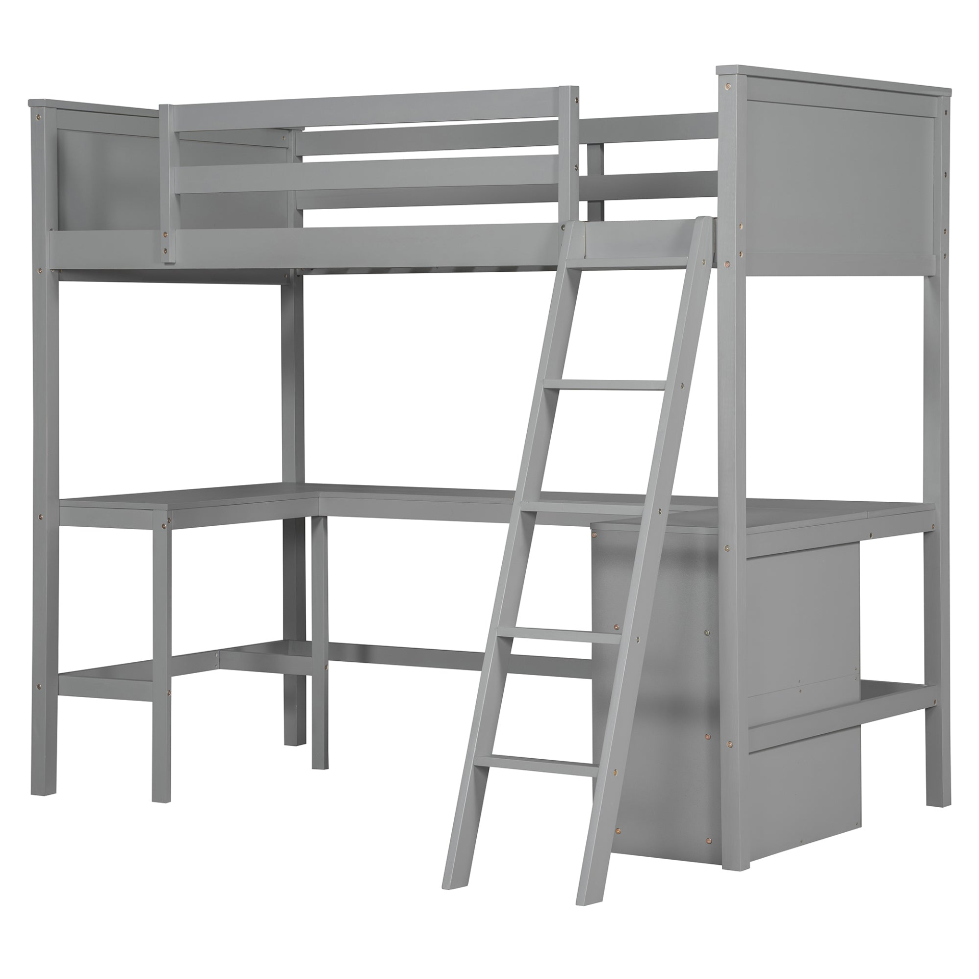 Twin size loft bed by Start2Finish with solid wood frame, integrated shelves, and built-in desk for bedroom or study space.