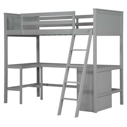 Twin size loft bed by Start2Finish with solid wood frame, integrated shelves, and built-in desk for bedroom or study space.