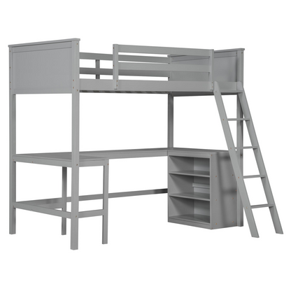 Twin size solid wood loft bed with built-in desk and shelves, ideal for bedroom or study space by Start2Finish