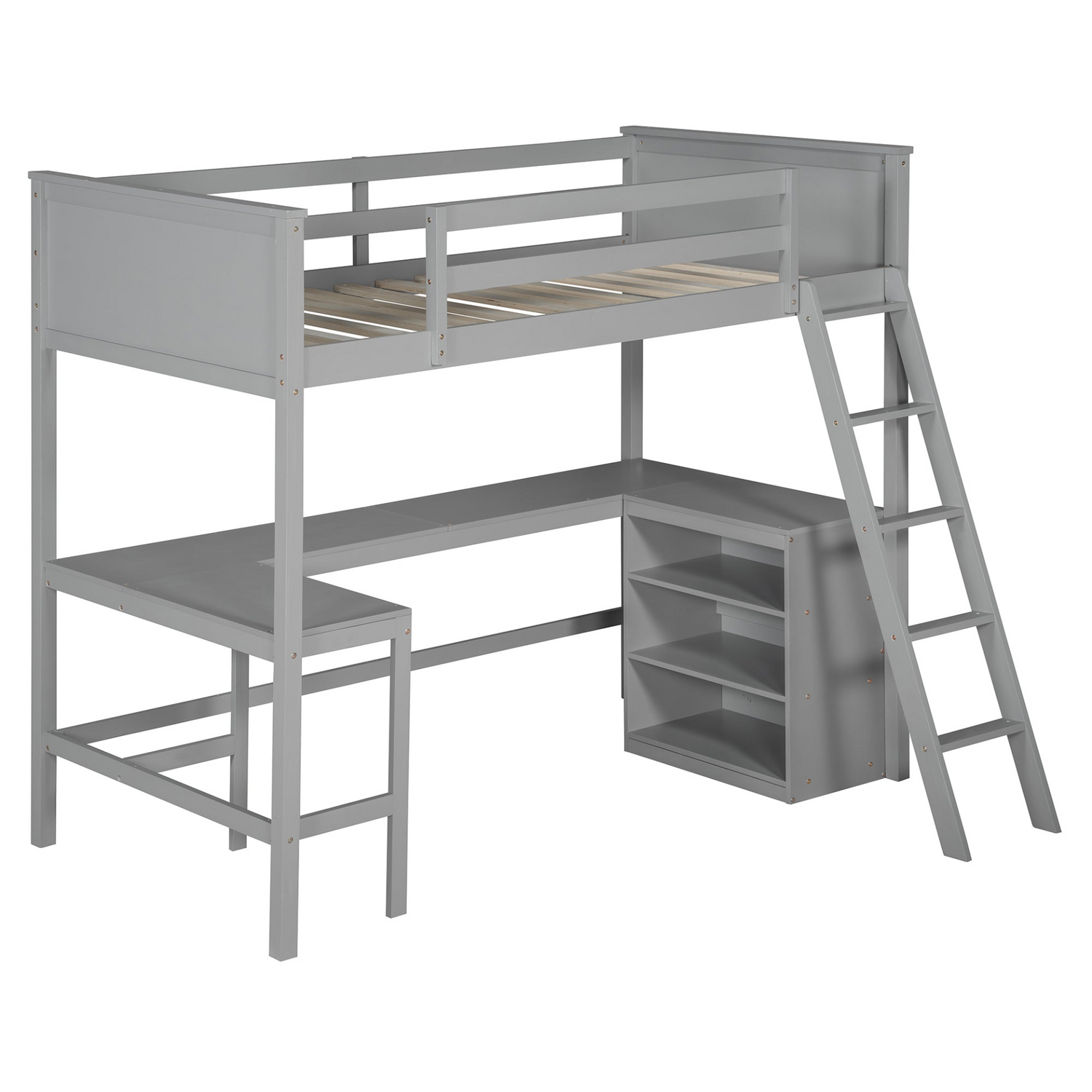 Twin size solid wood loft bed with built-in desk and shelves, ideal for bedroom or study space by Start2Finish