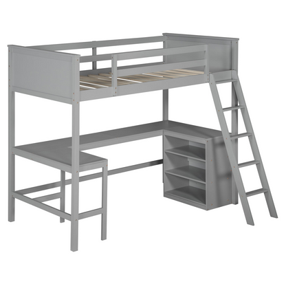 Twin size solid wood loft bed with built-in desk and shelves, ideal for bedroom or study space by Start2Finish