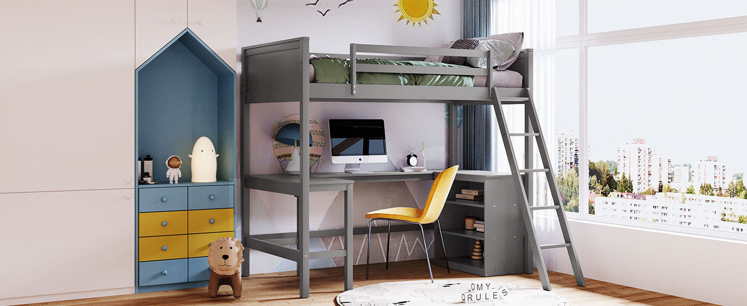 Twin size solid wood loft bed by Start2Finish with built-in shelves and desk, ideal for bedroom or study space.