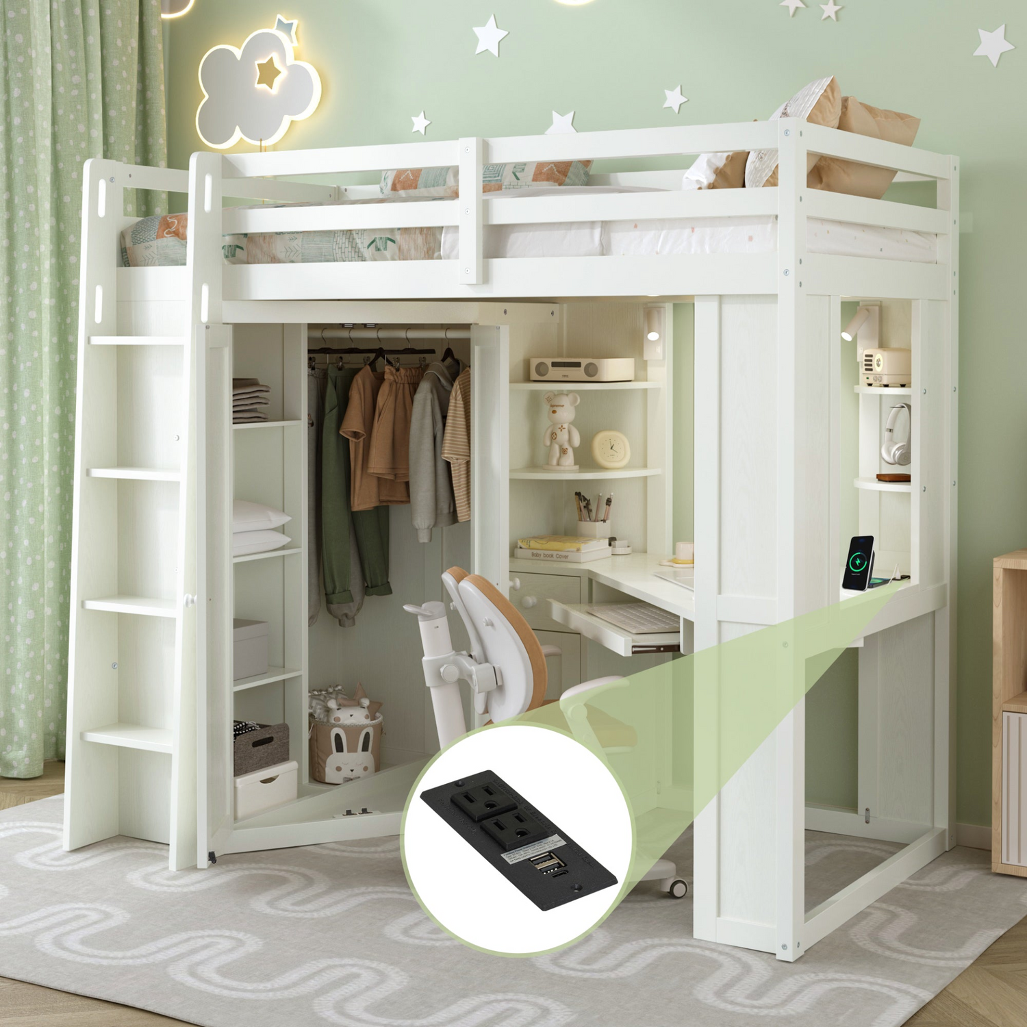 Twin size wooden loft bed by Start2Finish with built-in desk and wardrobe storage, ideal for bedroom or study space.