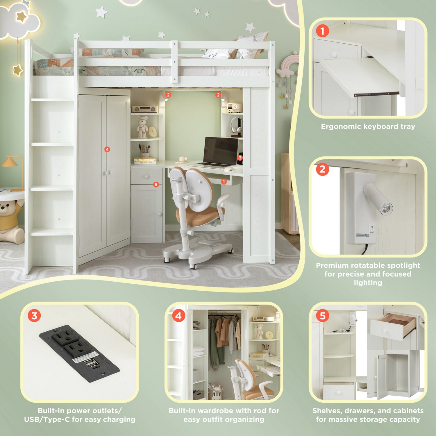 Twin size wooden loft bed with built-in desk and wardrobe storage, ideal for bedroom or study space by Start2Finish