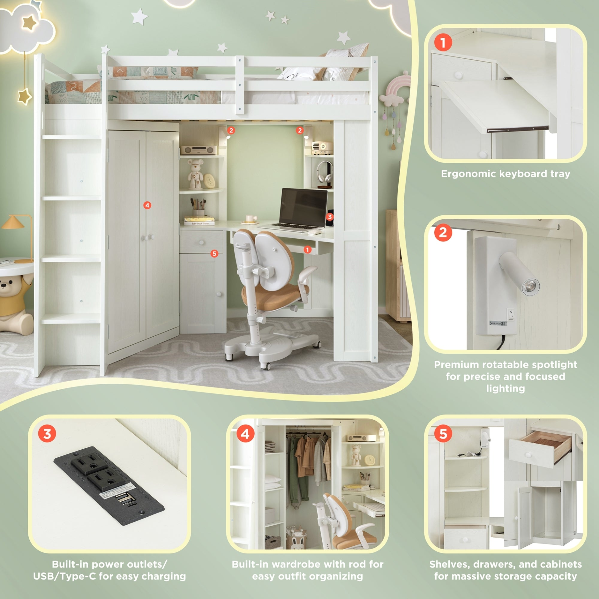 Twin size wooden loft bed with built-in desk and wardrobe storage, ideal for bedroom or study space by Start2Finish