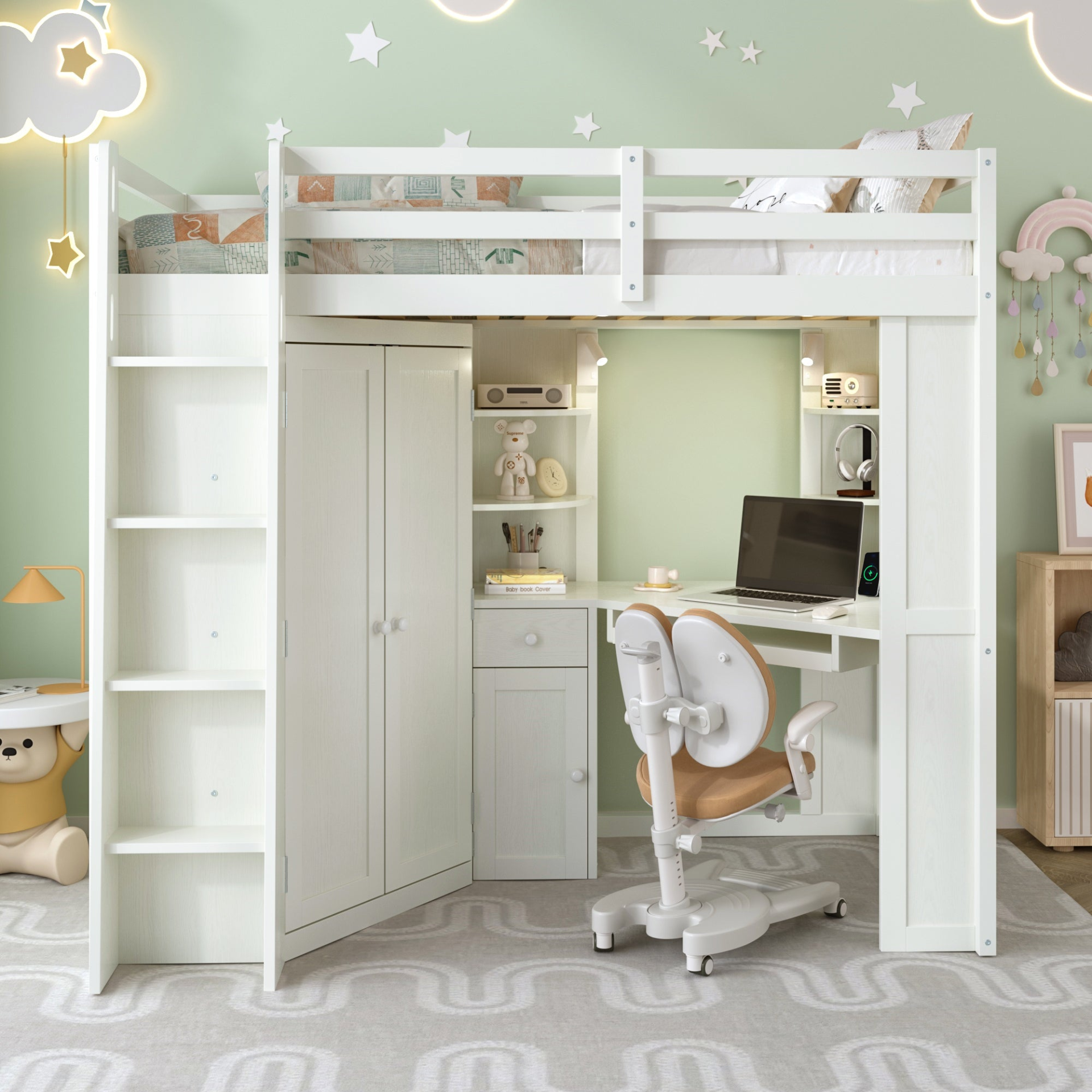Twin-sized wooden loft bed with built-in desk and wardrobe storage, designed for bedroom or study space by Start2Finish.