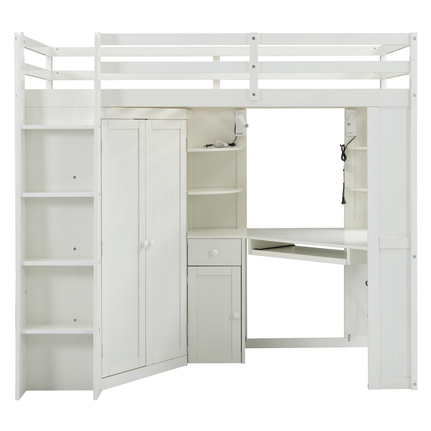 Twin size wooden loft bed by Start2Finish with built-in desk and wardrobe storage, ideal for bedroom or study space.