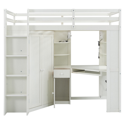 Twin size wooden loft bed with built-in desk and wardrobe storage, ideal for bedroom or study space by Start2Finish.