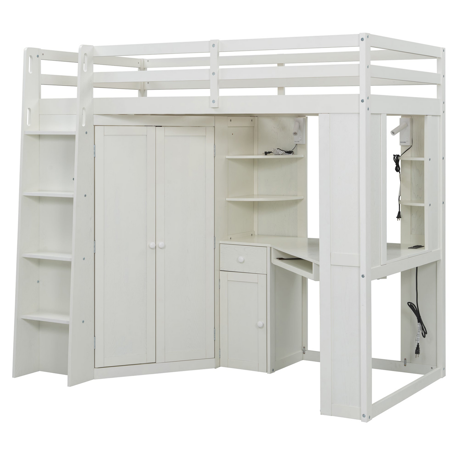 Twin size wood loft bed with wardrobe storage and built-in desk, ideal for bedroom or study space by Start2Finish