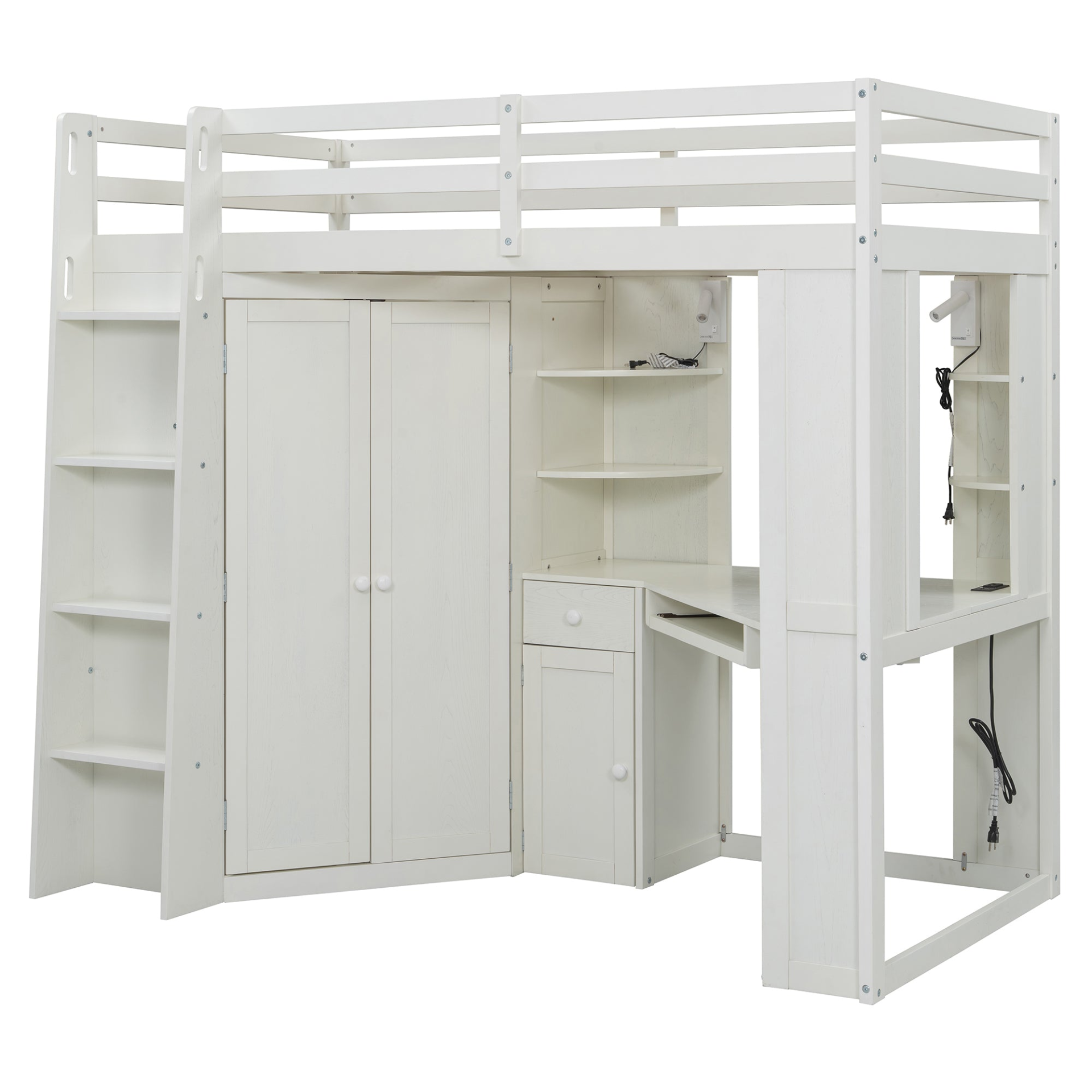 Twin size wood loft bed with wardrobe storage and built-in desk, ideal for bedroom or study space by Start2Finish