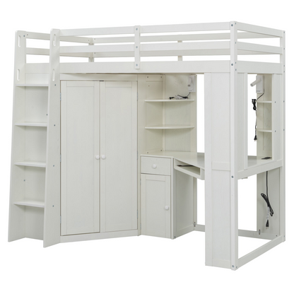 Twin size wood loft bed with wardrobe storage and built-in desk, ideal for bedroom or study space by Start2Finish
