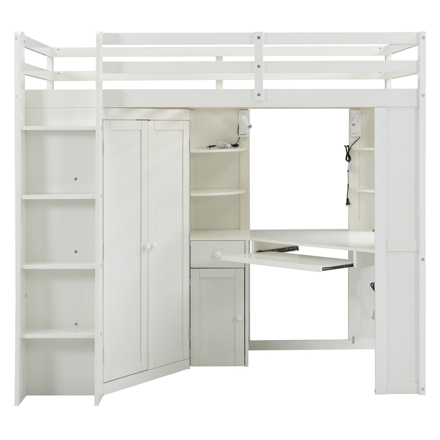Twin size wooden loft bed with built-in desk and wardrobe storage from Start2Finish, ideal for bedroom or study space.