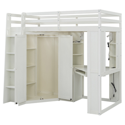 Twin size wooden loft bed by Start2Finish with built-in desk and wardrobe storage for bedroom or study space.