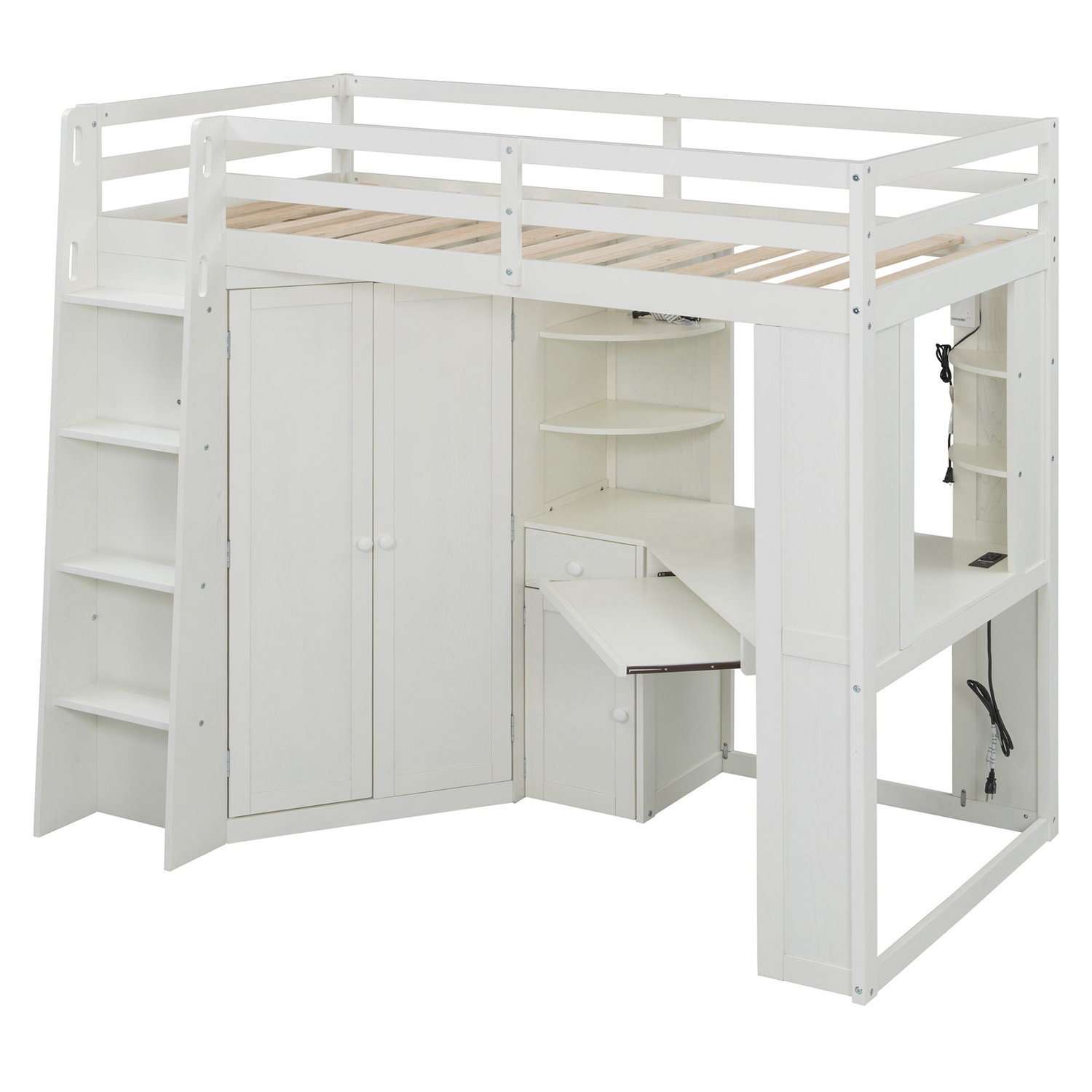 Twin size wooden loft bed by Start2Finish with built-in desk and wardrobe storage, ideal for bedroom or study space.