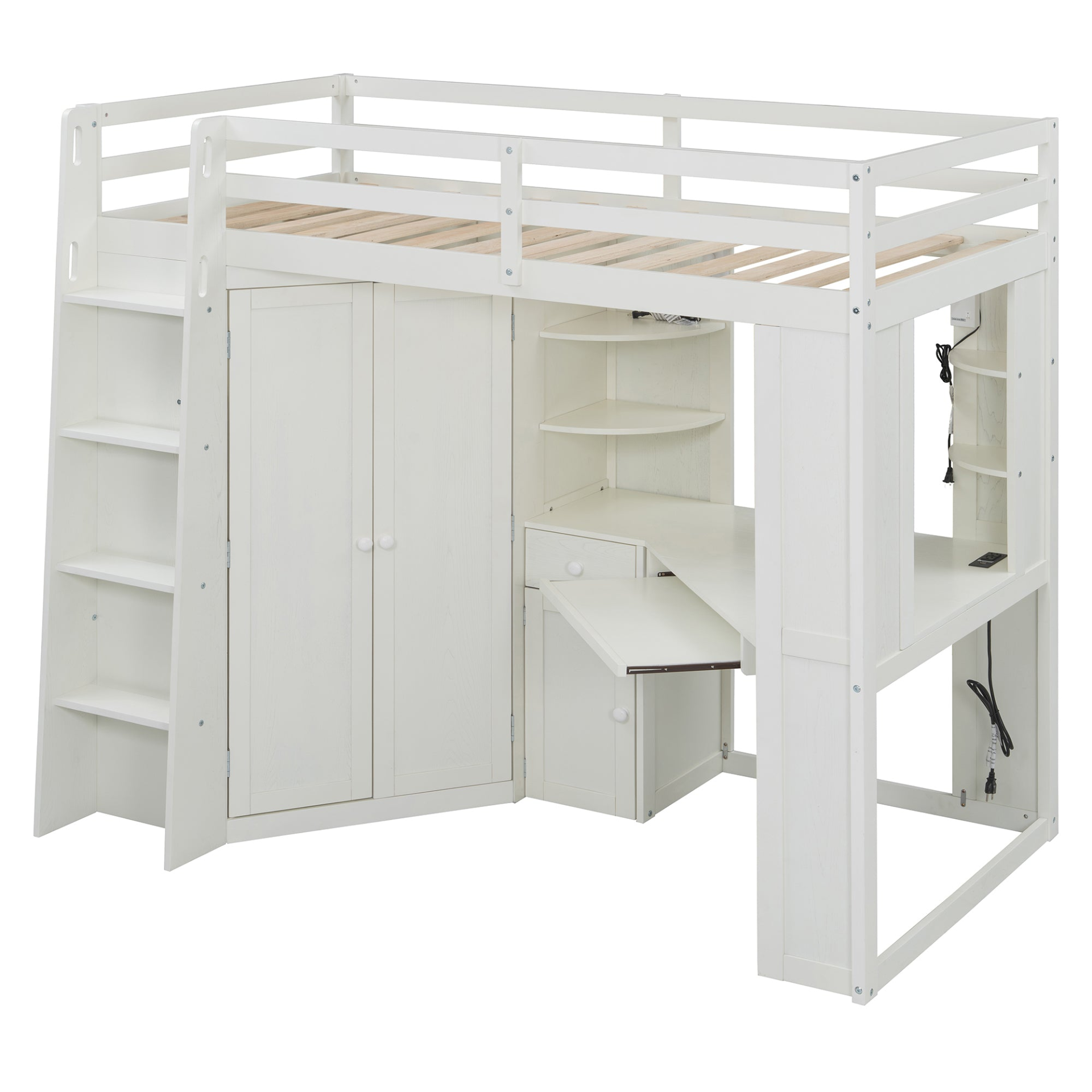 Twin size wooden loft bed by Start2Finish with built-in desk and wardrobe storage, ideal for bedroom or study space.