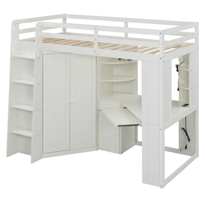 Twin size wooden loft bed by Start2Finish with built-in desk and wardrobe storage, ideal for bedroom or study space.