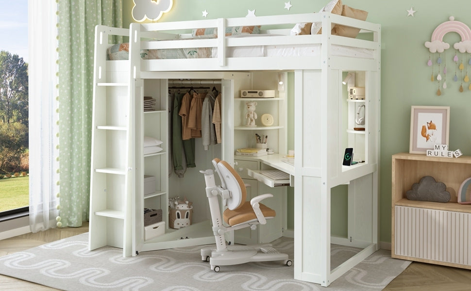 Twin size wooden loft bed with built-in desk and wardrobe storage, ideal for bedroom or study space by Start2Finish