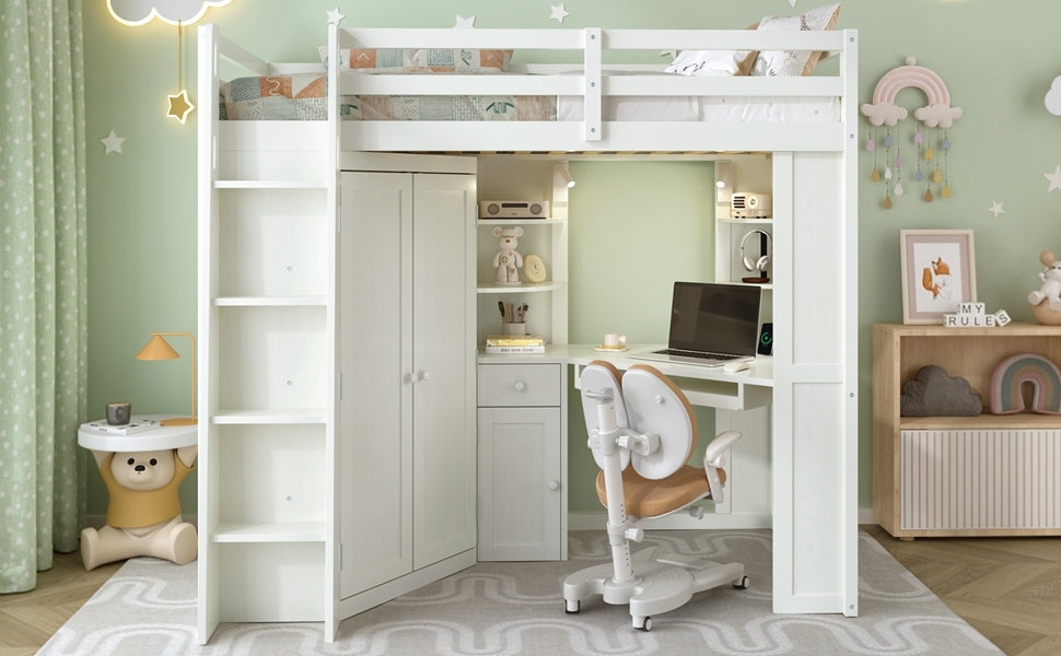 Twin size wood loft bed by Start2Finish with built-in desk and wardrobe storage, ideal for bedroom or study space.