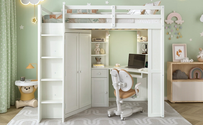 Twin size wood loft bed by Start2Finish with built-in desk and wardrobe storage, ideal for bedroom or study space.