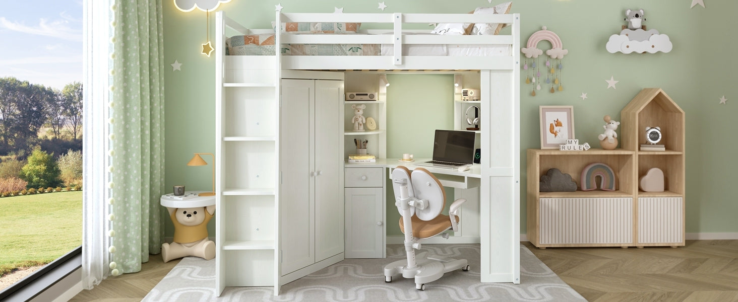 Twin size wooden loft bed with built-in desk and wardrobe storage, ideal for bedroom or study space, by Start2Finish