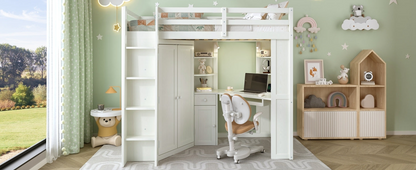 Twin size wooden loft bed with built-in desk and wardrobe storage, ideal for bedroom or study space, by Start2Finish