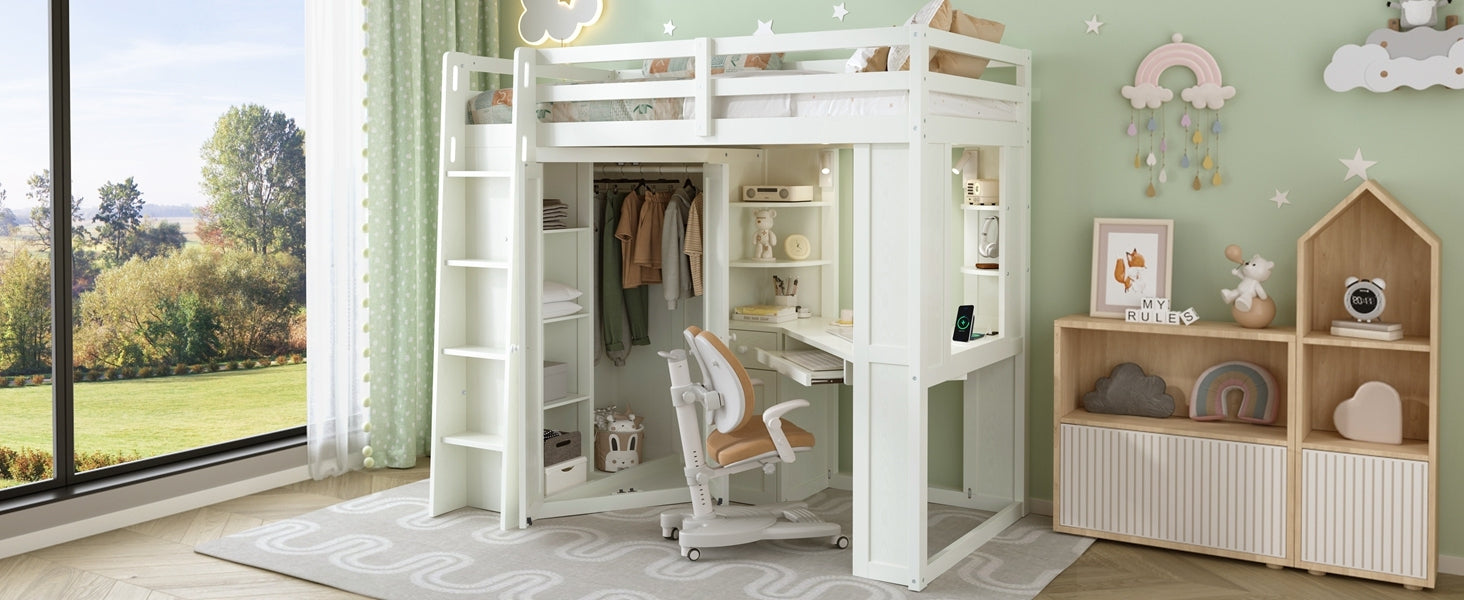 Twin size wooden loft bed with built-in desk and wardrobe storage, ideal for bedroom or study space by Start2Finish