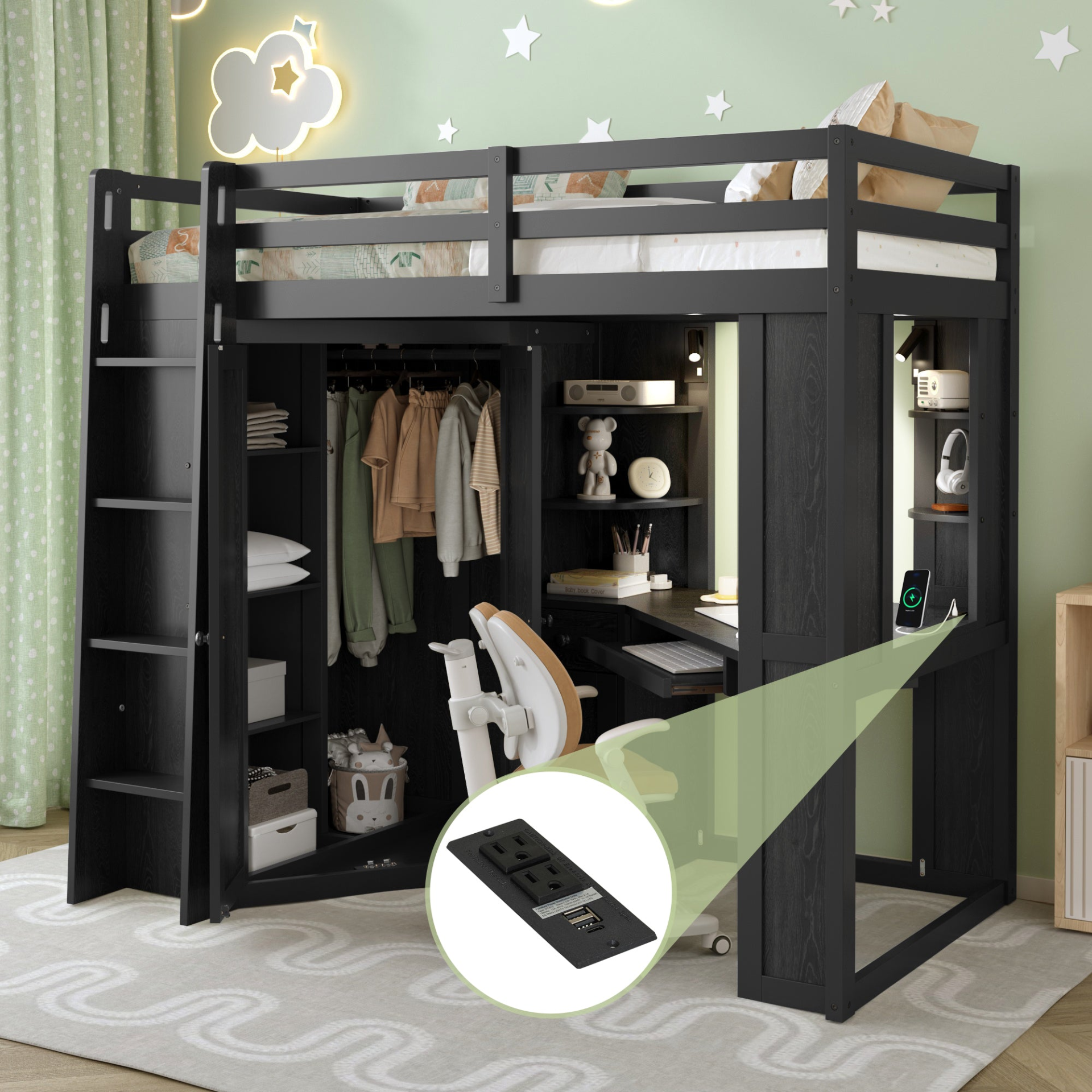Twin size wooden loft bed with built-in desk and wardrobe storage, ideal for bedroom or study space by Start2Finish