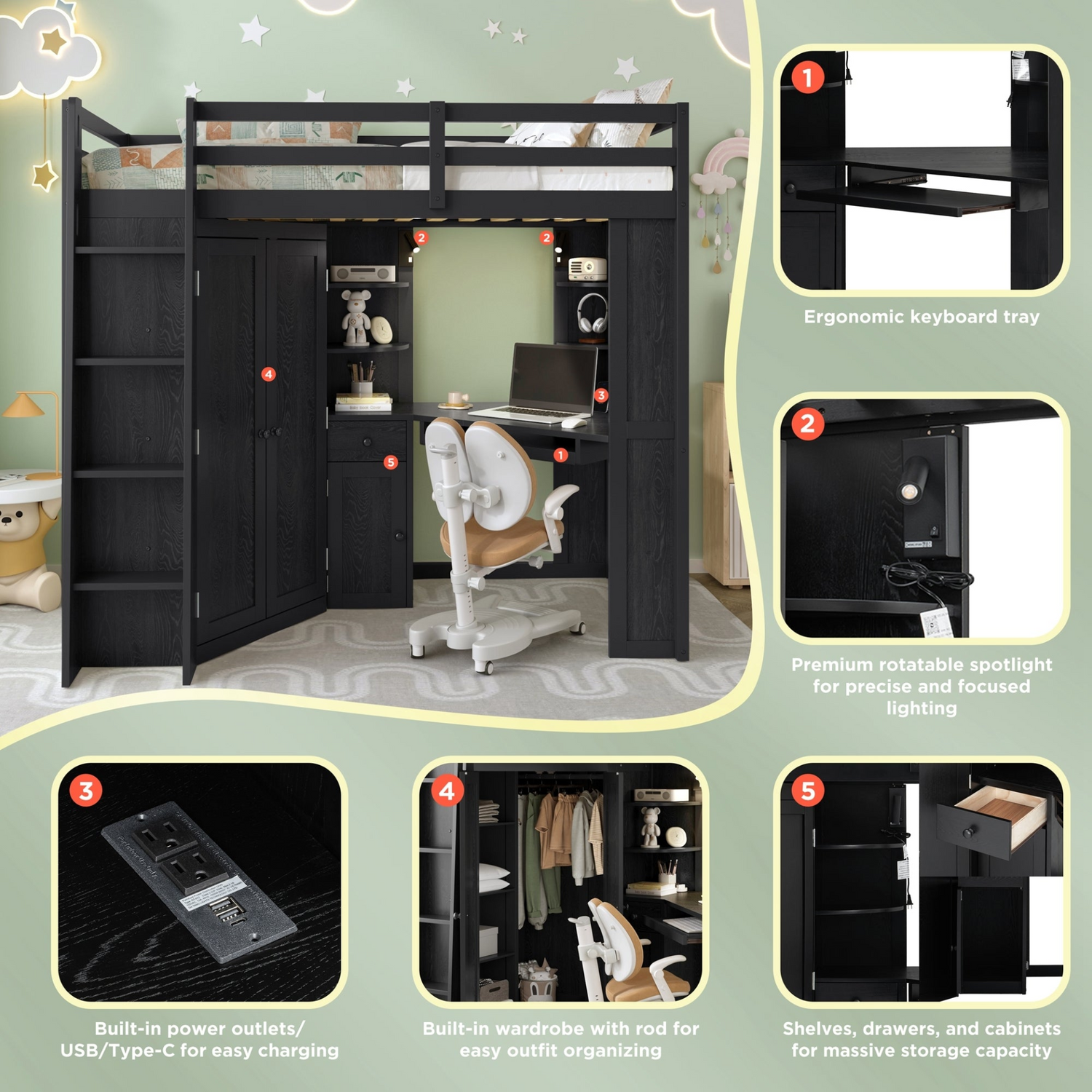 Twin size wooden loft bed with built-in desk and wardrobe storage, ideal for bedroom or study space by Start2Finish.