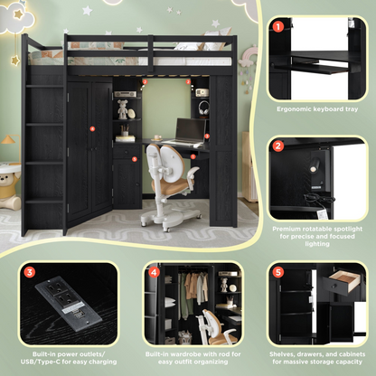 Twin size wooden loft bed with built-in desk and wardrobe storage, ideal for bedroom or study space by Start2Finish.