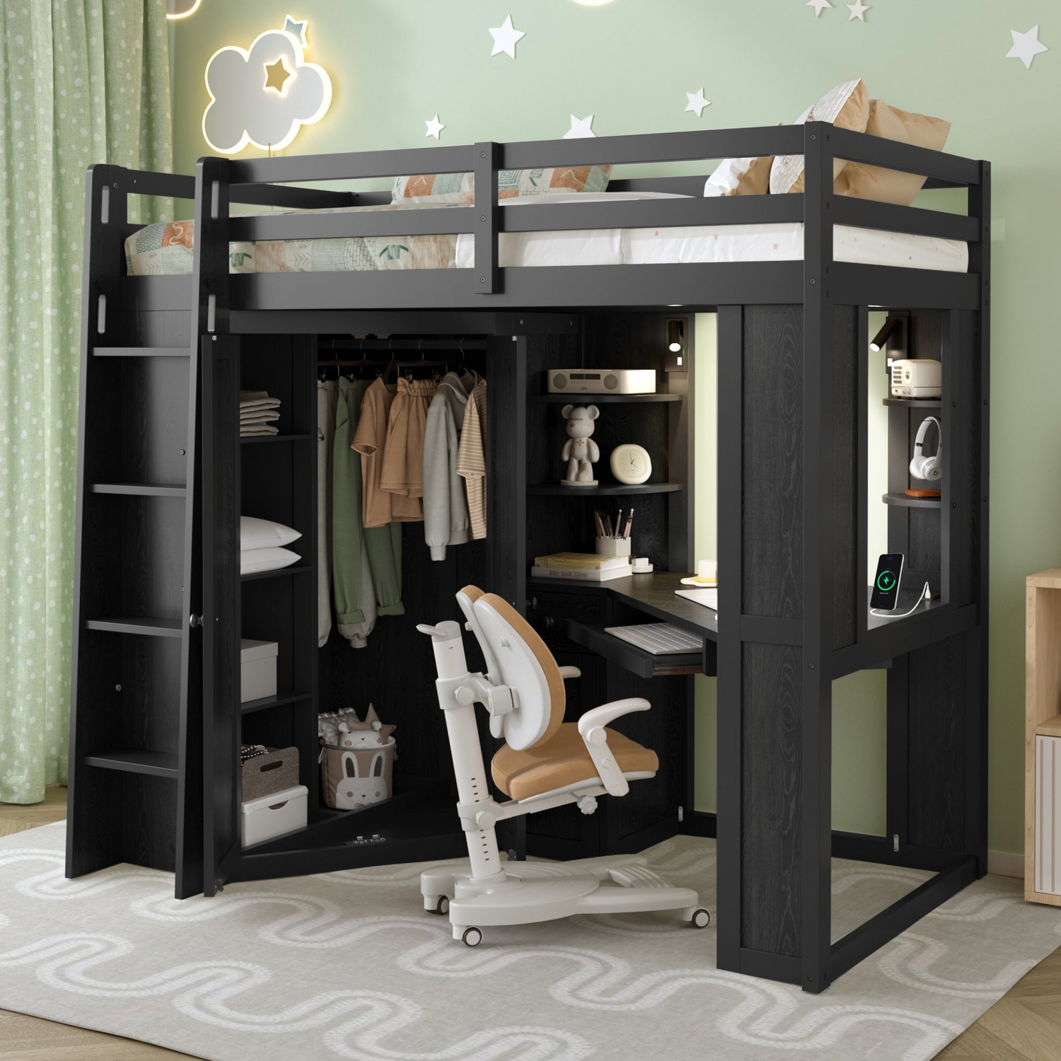 Twin size wooden loft bed by Start2Finish with built-in desk and wardrobe storage, ideal for bedroom or study space.