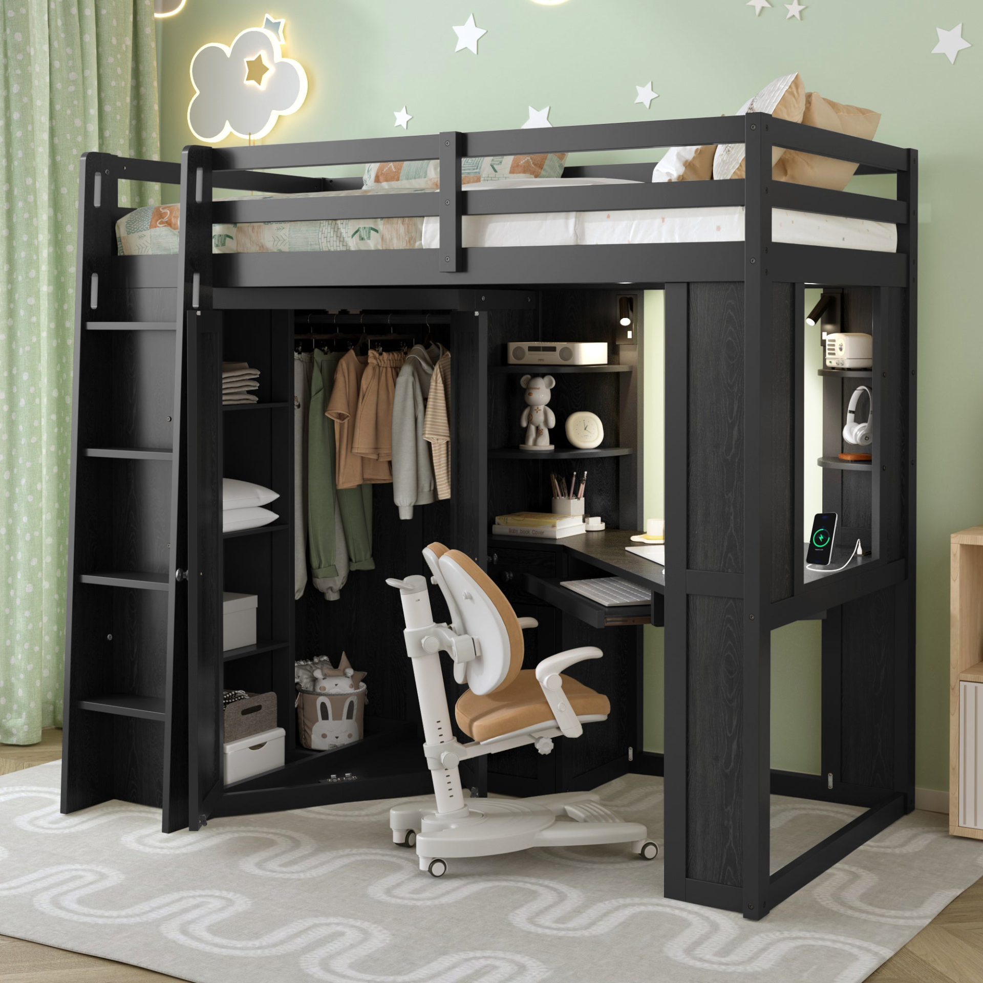 Twin size wooden loft bed by Start2Finish with built-in desk and wardrobe storage, ideal for bedroom or study space.