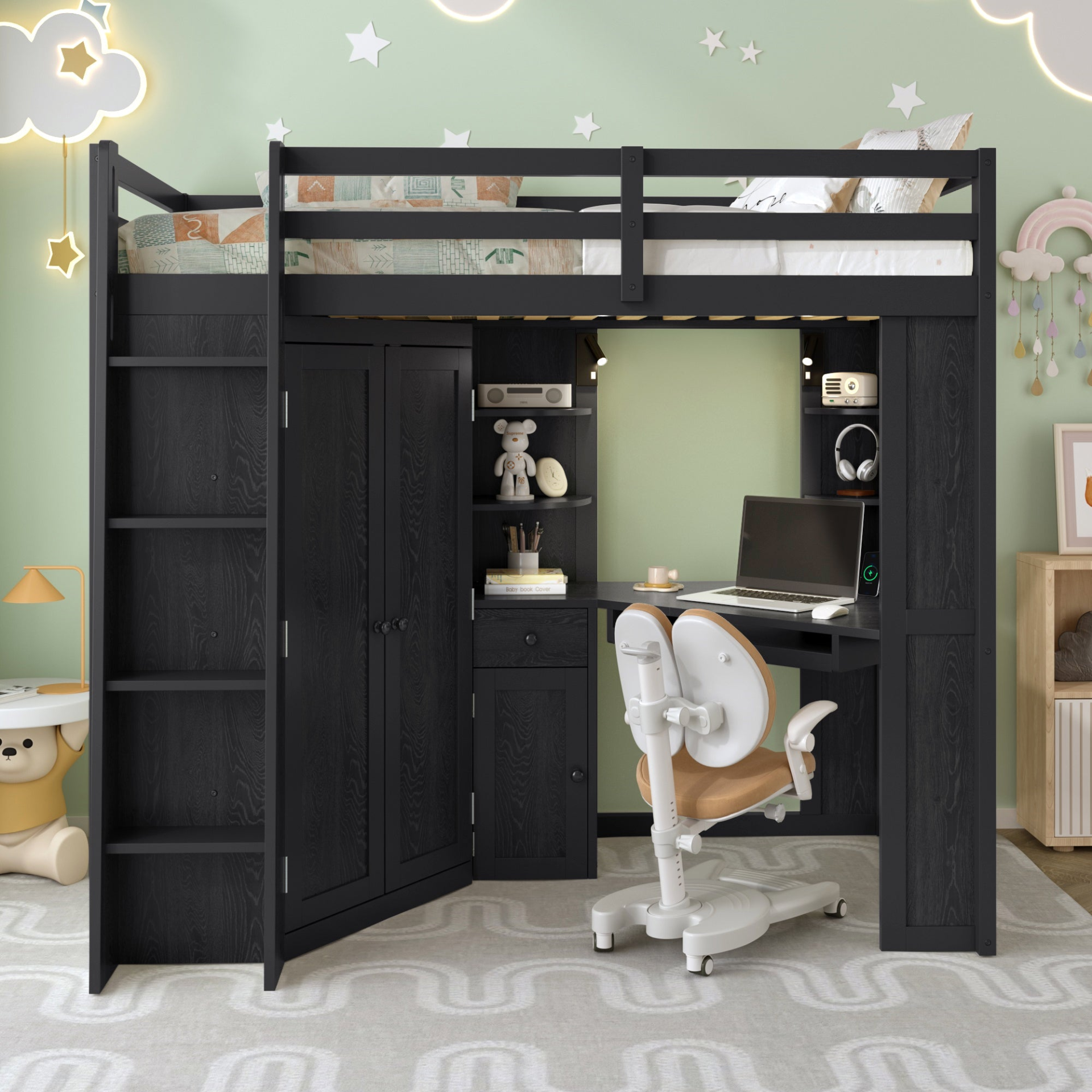Twin size wooden loft bed by Start2Finish with built-in desk and wardrobe storage, ideal for bedroom or study space.